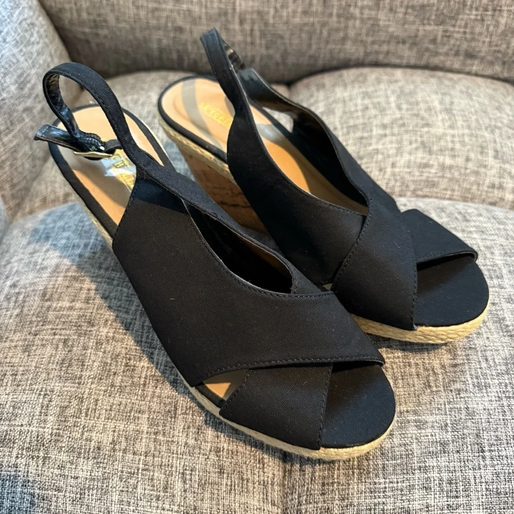 Seychelles Diamond Black Canvas Cork Wedge Slingback Sandals Women's Size 8.5